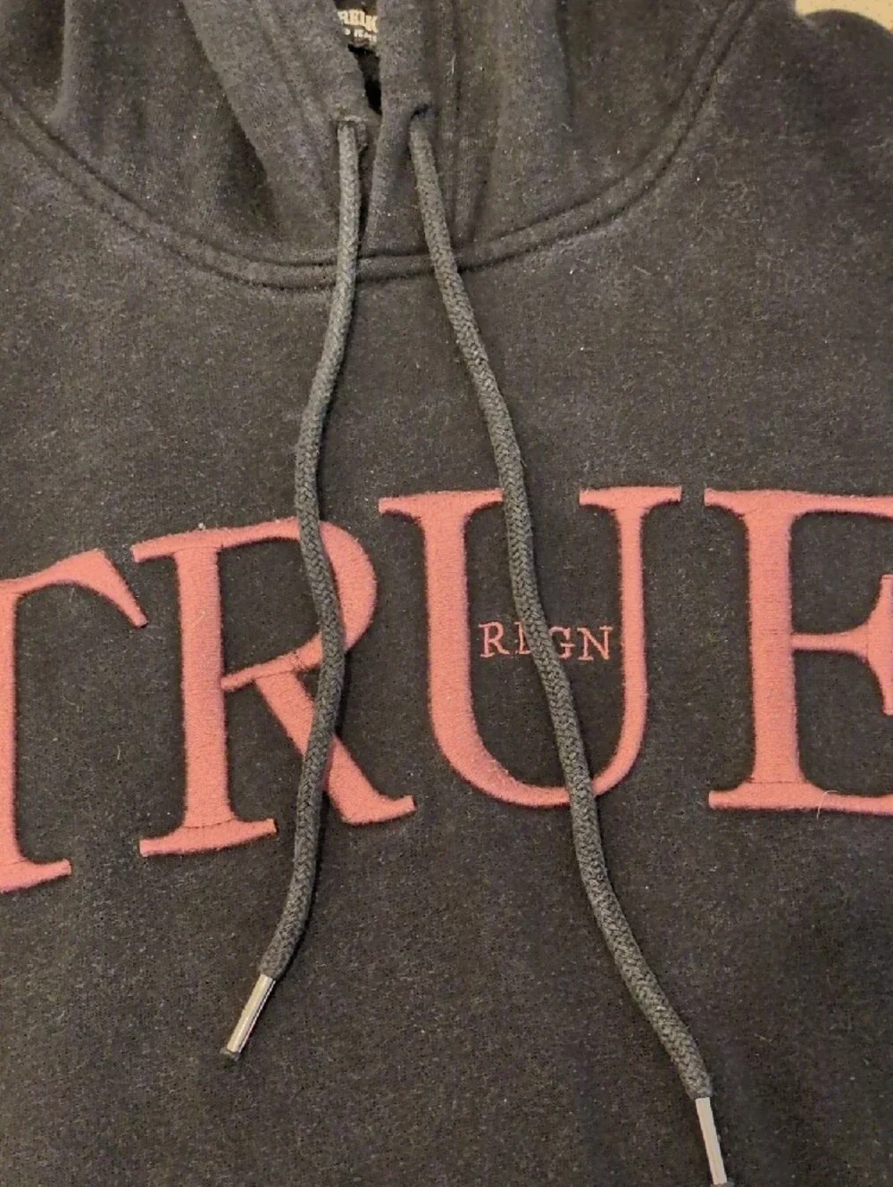 True Religion Black Hoodie with Maroon TRUE RLGN Chest Logo